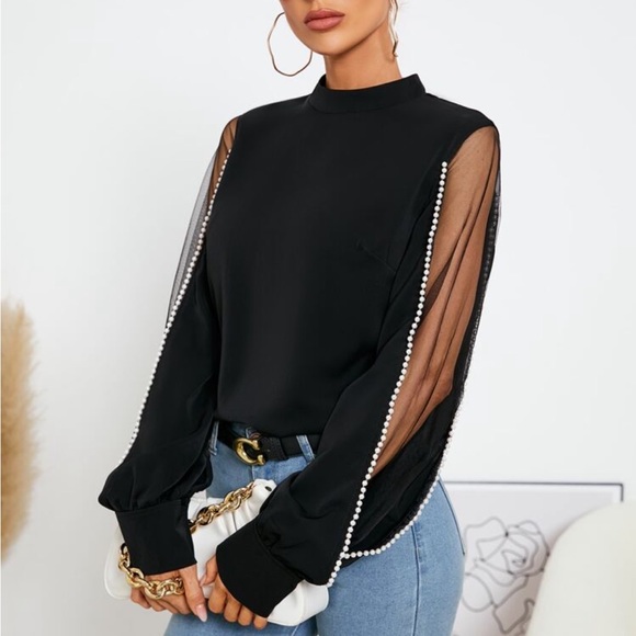 Elegant Sheer Mesh Long Sleeve Pearls Beaded Mock Neck Blouse Blue - Picture 9 of 14